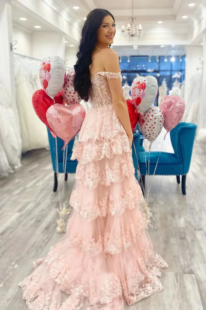 Pretty Off the Shoulder High Slit Pink Lace Long Prom Dress with Train, Off the Shoulder Pink Formal Dress Graduation Dress DP489 - Deanwangkt