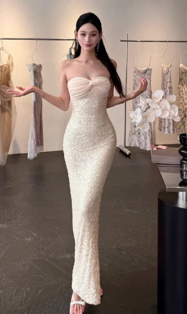 Sexy Strapless Sheath Long Prom Dresses, Light Champagne Formal Evening Dresses DP3131 - Deanwangkt