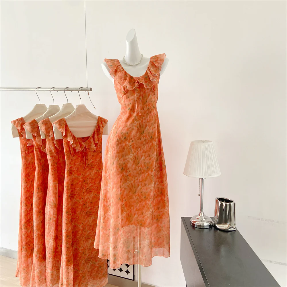 Sexy A line Jewel Summer Orange Chiffon Dress Holiday Party Outfits For Women DP0029 - Deanwangkt