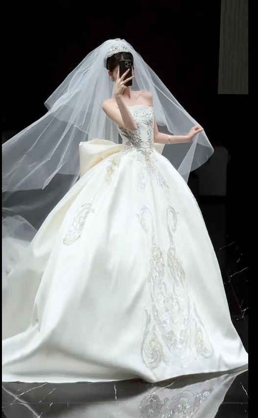 Modest Strapless Ball Gown Satin Long Wedding Dresses White Bridal Dresses Sleeveless Bridal Gowns DP04041 - Deanwangkt