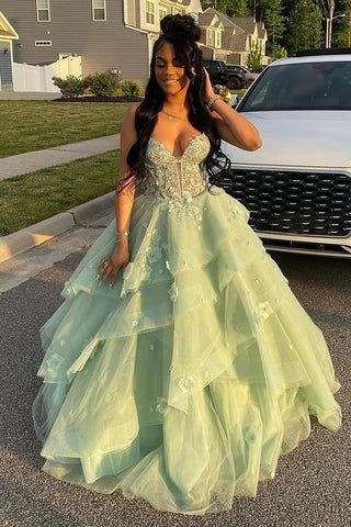 Fairytale Green Spaghetti Strap Quinceanera Dress Tulle Appliques Ball Gowns Sweet 16 Dress DH2691 - Deanwangkt