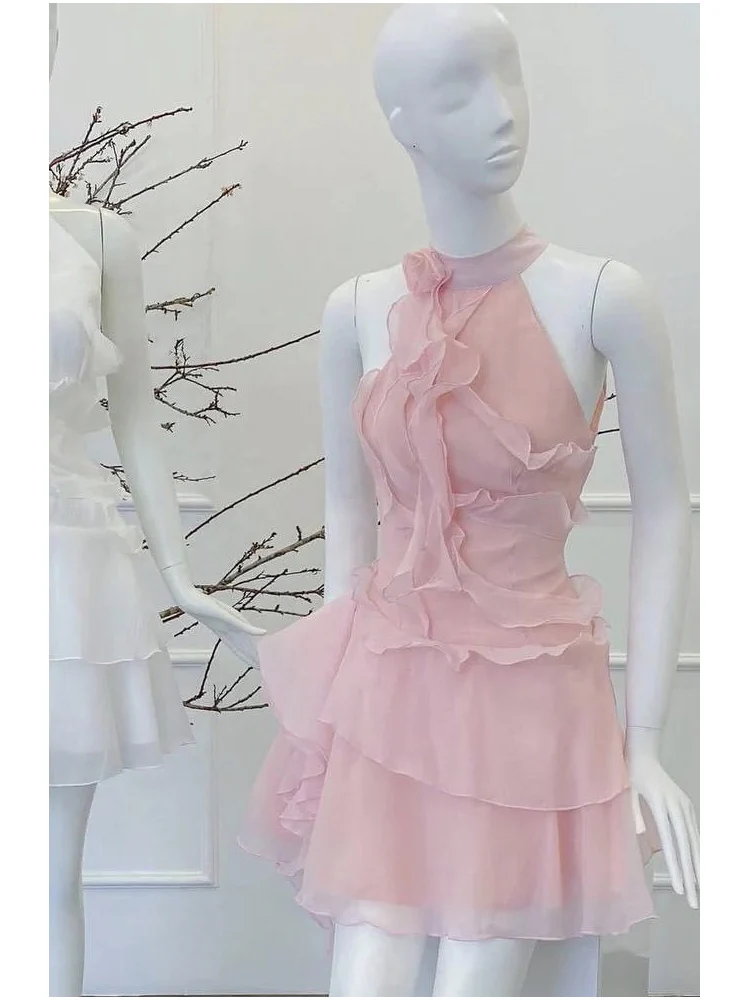 Cute A line Halter Pink Chiffon Summer Homecoming Dress Hoco Dress Mini 18th Birthday Outfit Cocktail Dresses DP1781 - Deanwangkt