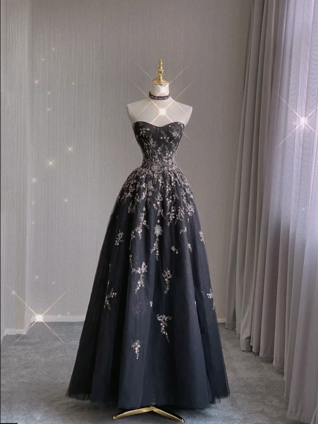 Pretty Ball Gown Strapless Black Tulle Long Prom Dresses Evening Dresses DP365 - Deanwangkt