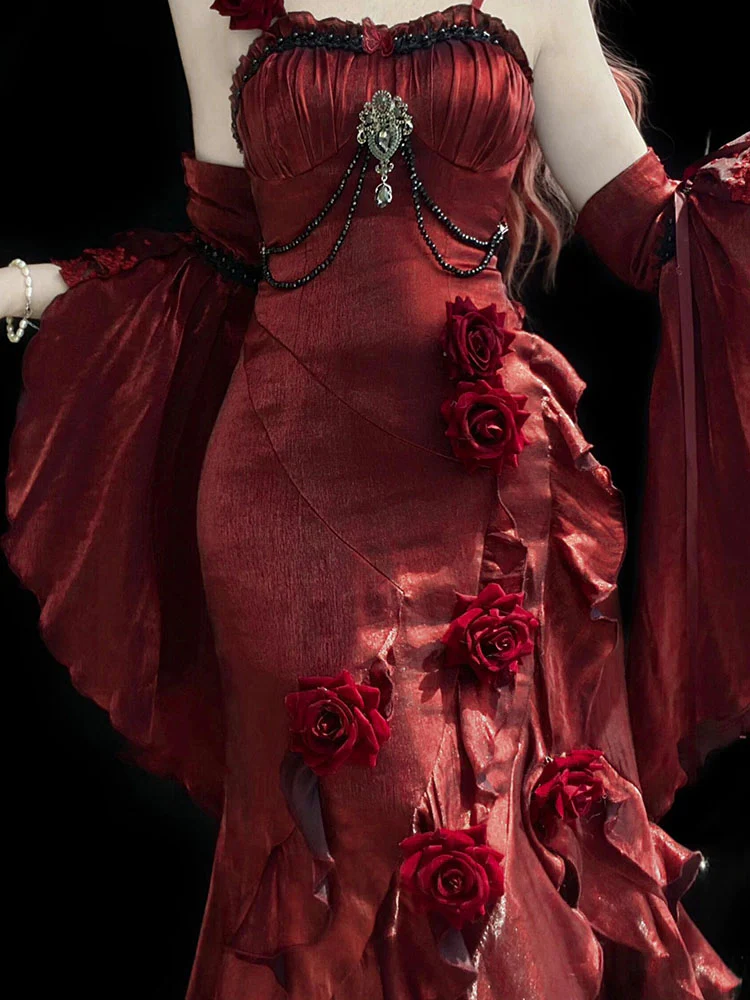 Vintage Mermaid Spaghetti Straps Burgundy Summer 18th Wine Red With Sleeves Birthday Dress Lolita Dress Birthday Outfits W1203 - Deanwangkt