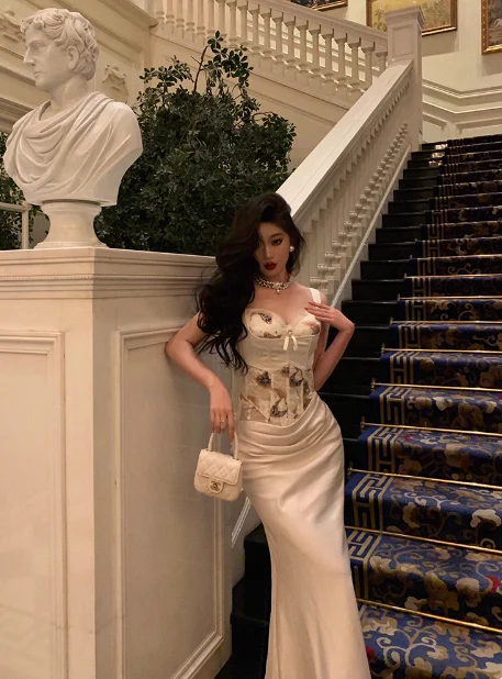 Elegant Mermaid 2 Pieces White Satin Sleeveless 21st Birthday Dresses Evening Gown Birthday Outfits Birthday Dress Ideas For Women DP1423 - Deanwangkt