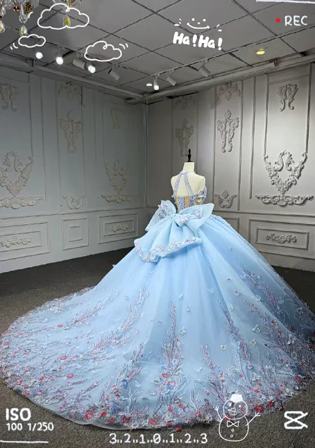 Gorgeous Halter Ball Gown Tulle Beaded Applique Long Prom Dresses, Pale Blue Quinceanera Dresses DP03043 - Deanwangkt