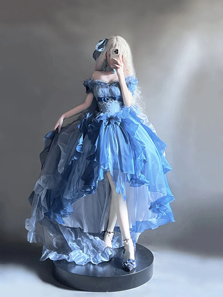 Vintage Ball Gown Off The Shoulder Half Sleeves 21st Birthday Dress Lolita Dress Blue Long Birthday Outfits DH2423 - Deanwangkt