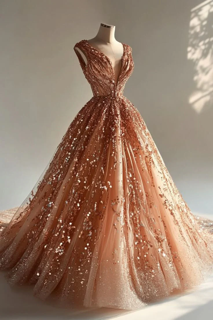 Pretty Ball Gown V Neck Pink Sequin Long Quinceanera Dresses Sweet 16 Dress Formal  Vestido De 15 Anos W0289 - Deanwangkt