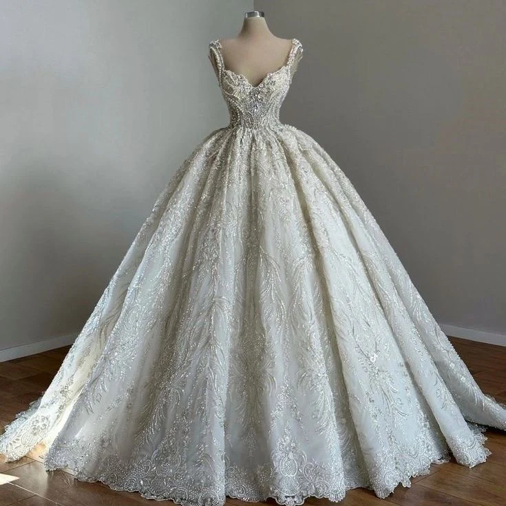 Unique Bridal Gown Ball Gown Straps Neck White Sequin Wedding Dresses Pretty Bridal Gowns DH1222 - Deanwangkt