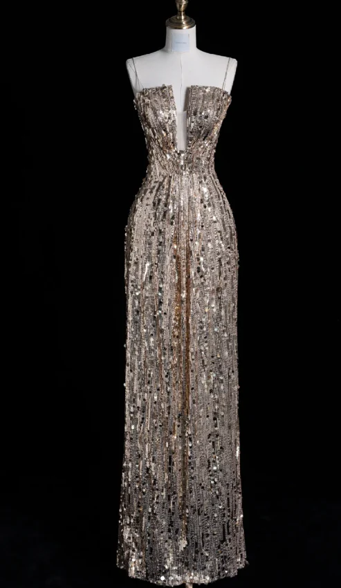 Elegant Spaghetti Strap Sheath Long Prom Dresses Sequins Champagne Evening Dresses DP3284 - Deanwangkt