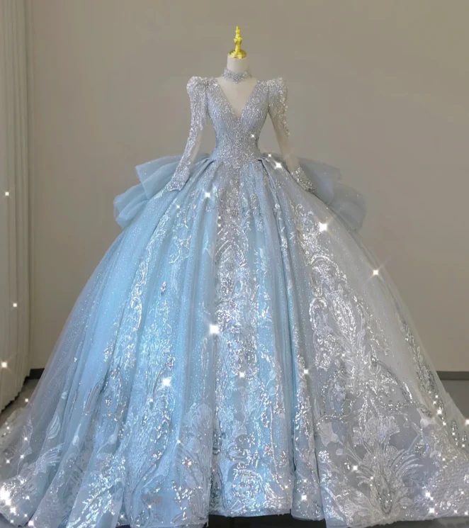 Timeless Ball Gown V Neckline Sequin Blue Long Sleeves Wedding Dresses Brides Dress DP465 - Deanwangkt