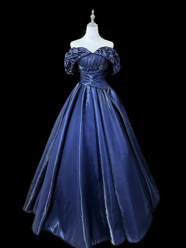 Gorgeous A-Line Off Shoulder Satin Dark Blue Long Prom Dress, Dark Blue Long Formal Dress DP3155 - Deanwangkt