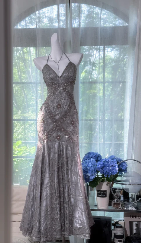 Vintage V-neck Mermaid Lace Beaded Long Prom Dresses, Silver Grey Evening Dresses DP3022 - Deanwangkt