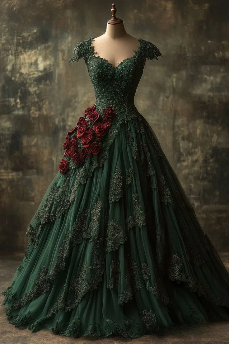 Court Style V-Neck Ball Gown Lace Tulle Long Prom Dresses Dark Green Quinceanera Dresses Sweet 16 Dresses DP3782 - Deanwangkt