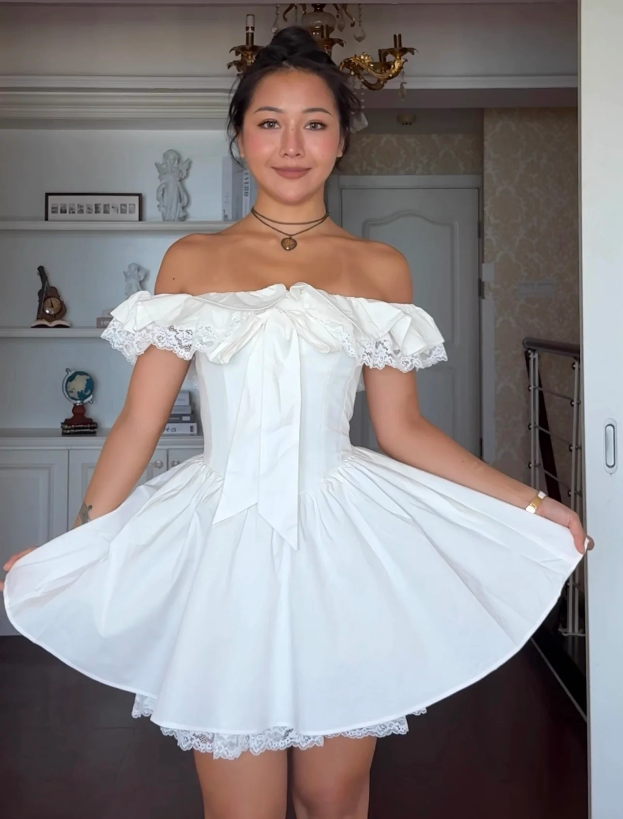Cute Ball Gown Off The Shoulder White Summer Lace Homecoming Dress Hoco Dress Mini 18th Birthday Outfit Cocktail Dresses DP1865 - Deanwangkt
