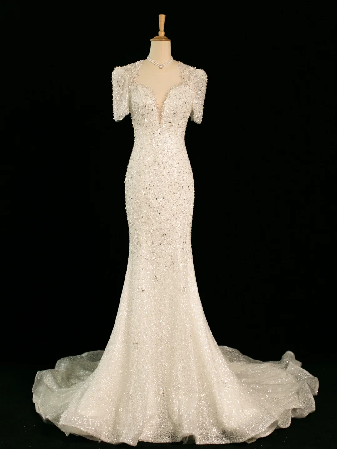 Pretty Wedding Dress Mermaid Sweetheart Short Sleeves Sequin Long Vintage Wedding Dresses Bridal Gowns Brides Gown DH358 - Deanwangkt