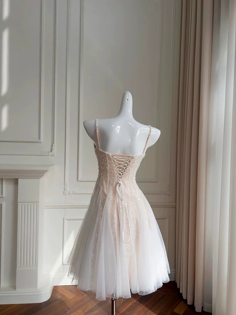 Cute A line Spaghetti Straps Champagne Formal Short 8th Grade Homecoming Dress Summer Middle School Hoco Dresses Birthday Outfits W973 - Deanwangkt