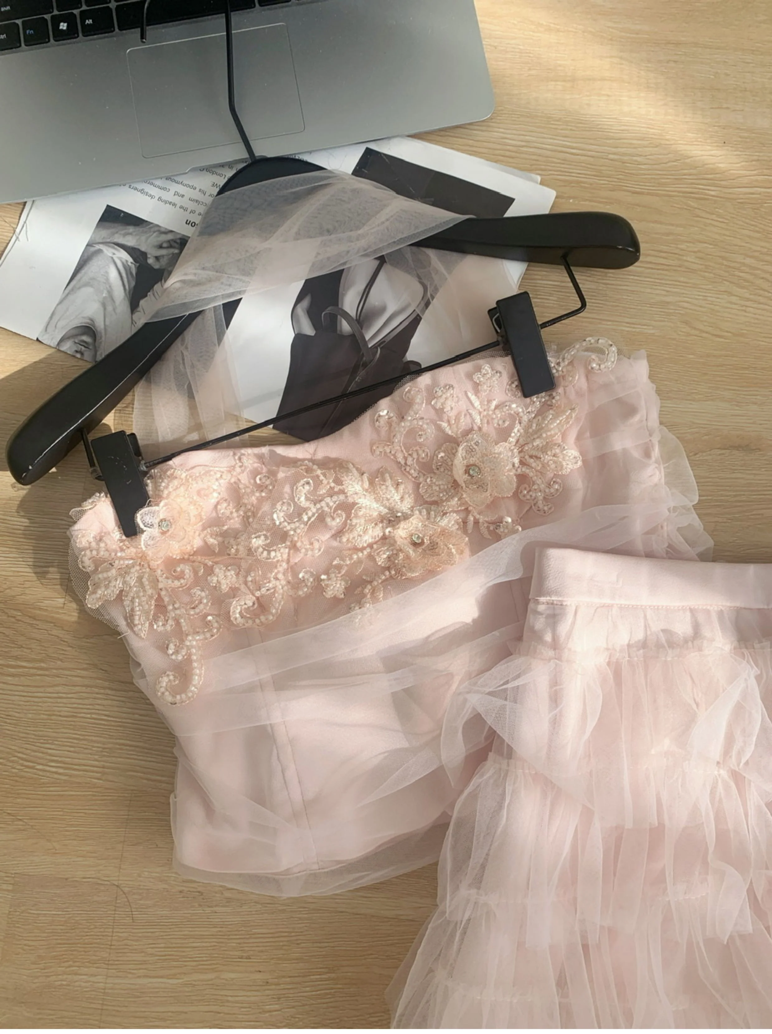 Cute Spaghetti Straps Pink Ruffles Tulle Summer Dress 2 Pieces Holiday Party Outfits For Women DP0094 - Deanwangkt