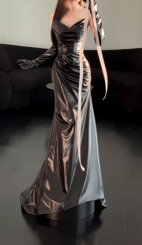 Chic Sweetheart Neck Sheath Black Long Prom Dresses Sleeveless Leather Black Evening Dresses DP3836 - Deanwangkt