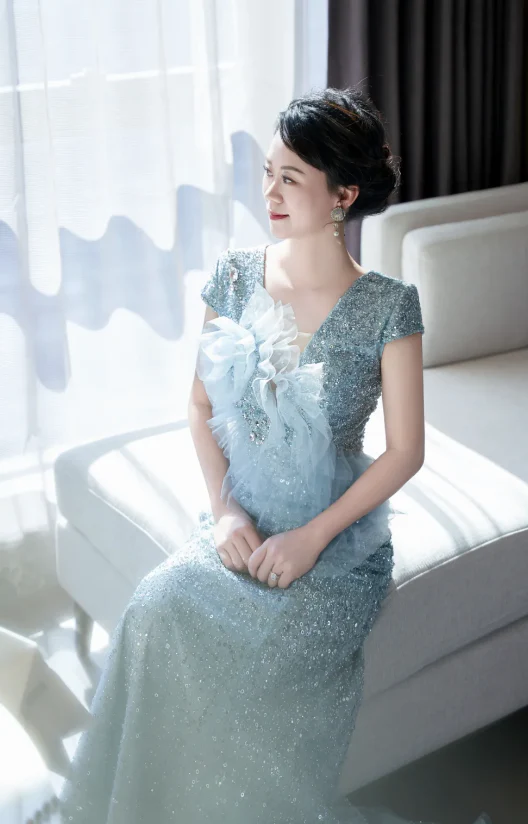 Glitter V neck Mermaid Mother of the Bride Dresses, Sequined Tulle Blue Evening Dresses DP3237 - Deanwangkt