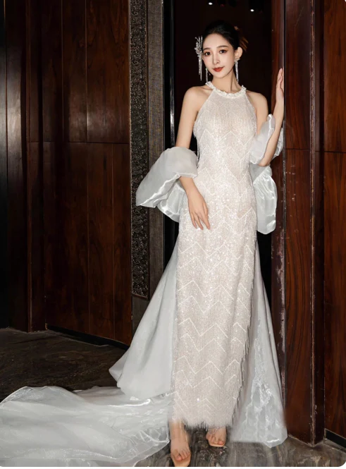 Modest White Bridal Dress Ball Gown Round Neck Tulle Beads Long Wedding Dress Elegant Tassel Sequins Bridal Gowns DP2812 - Deanwangkt