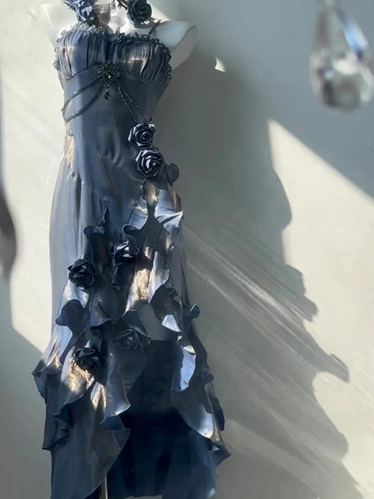 Vintage High Low Spaghetti Straps Blue 16th Birthday Dress With Sleeves Lolita Dress Satin Birthday Outfits DP0225 - Deanwangkt