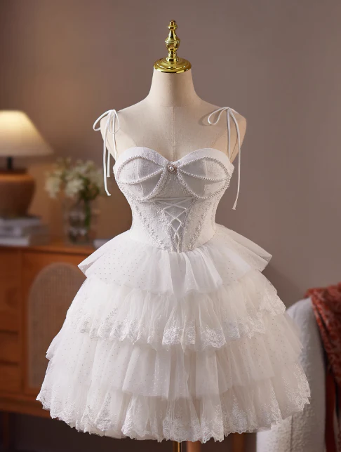 Simple Spaghetti Strap Tulle Lace Wedding Dresses White Short Bridal Gowns DP3184 - Deanwangkt