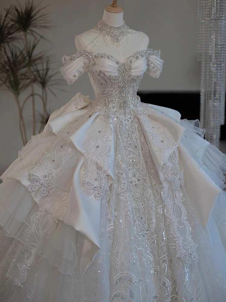 Princess Bridal Dress Ball Gown Off The Shoulder White Wedding Dress Ruffles Lace Wedding Dresses Modest Wedding Gowns DH1774 - Deanwangkt