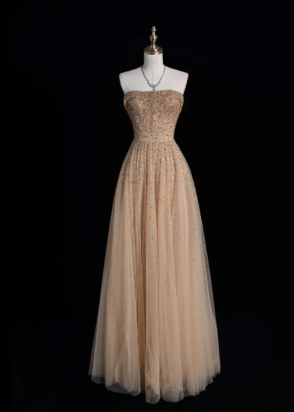 Cute Strapless A-line Long Prom Dresses Sequined Tulle Pastel Orange Evening Dresses DP3728 - Deanwangkt