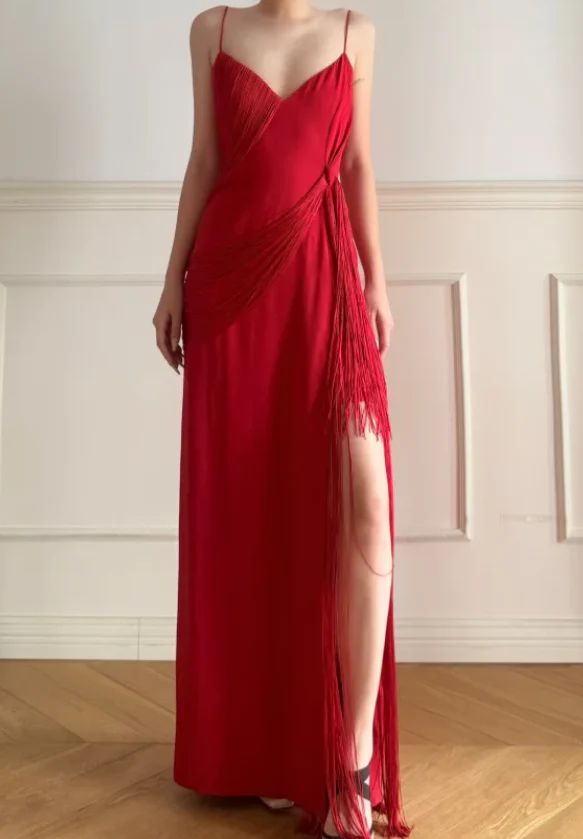 Sexy Spaghetti Strap Sheath Burgundy Long Prom Dresses Burgundy Evening Dresses with Slits DP3767 - Deanwangkt