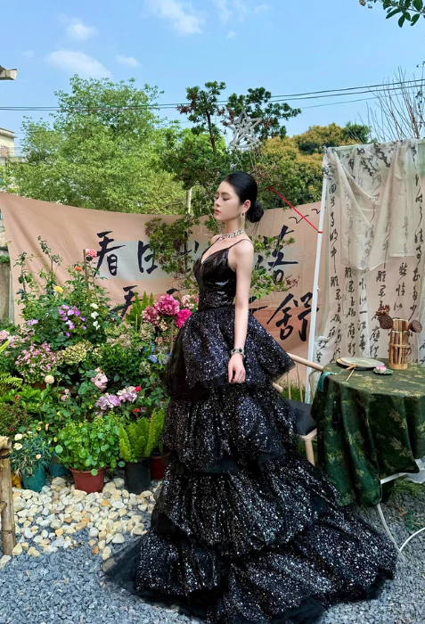 Sparkly Black Spaghetti Strap Sheath Tulle Short Train Evening Dress DH2707 - Deanwangkt