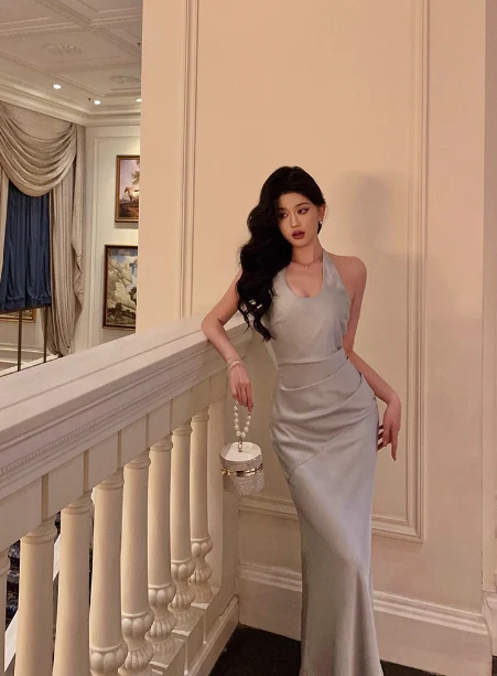 Sexy Mermaid Halter Light Blue 18th Birthday Dress Long Party Birthday Outfits For Women DP0177 - Deanwangkt