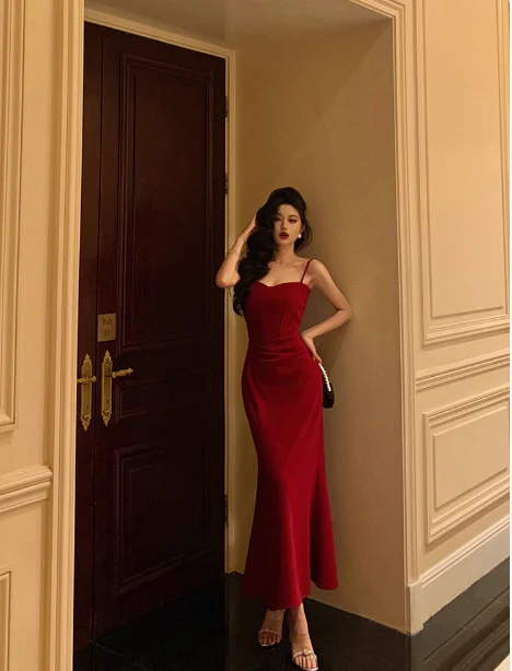 Pretty Mermaid Spaghetti Straps Burgundy 18th Birthday Dress Long Party Birthday Outfits For Women DP0158 - Deanwangkt