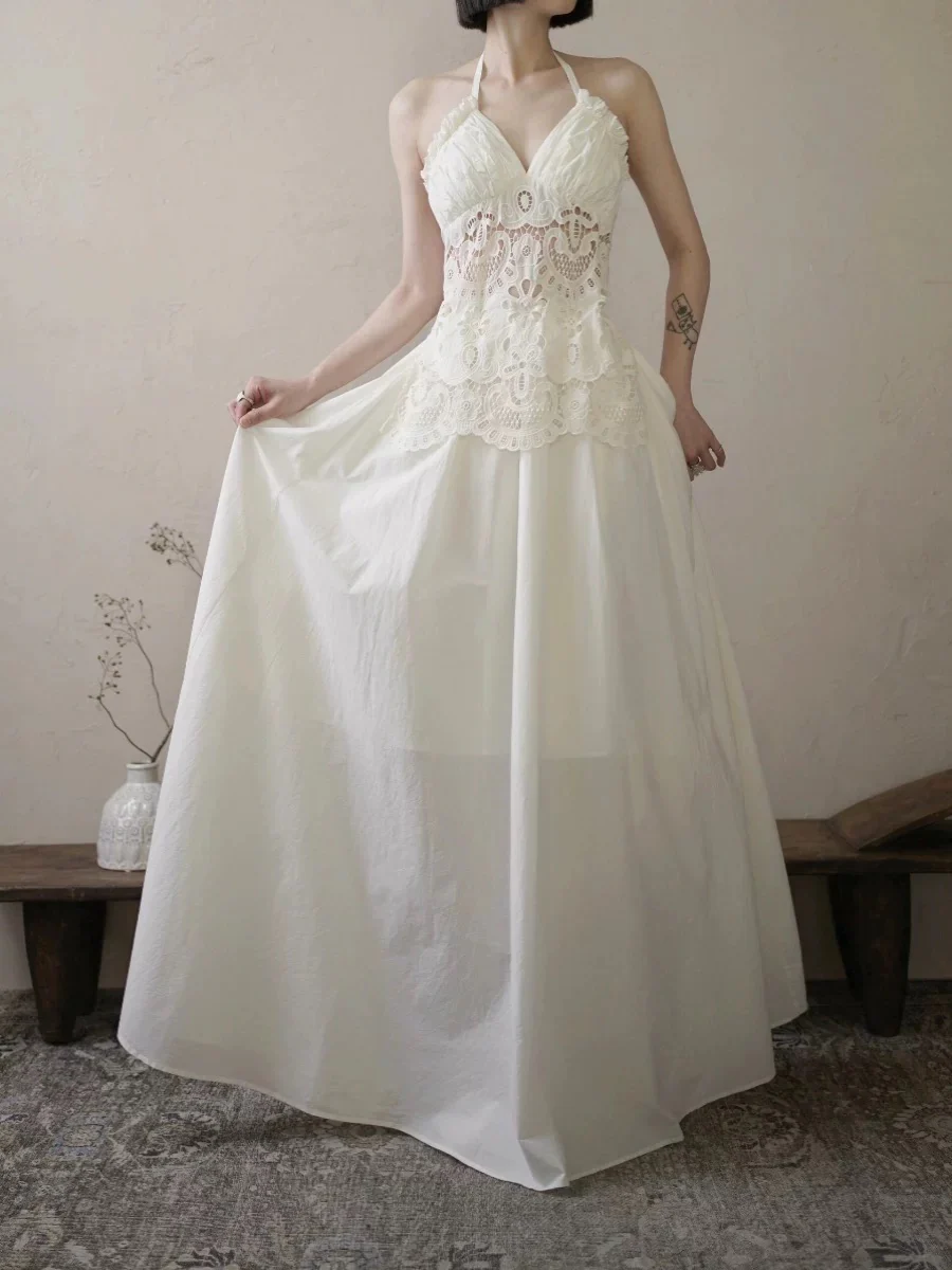 Vintage Wedding Dress A line Halter Lace White Summer Beach Long Wedding Dresses Bridal Gowns W0786 - Deanwangkt