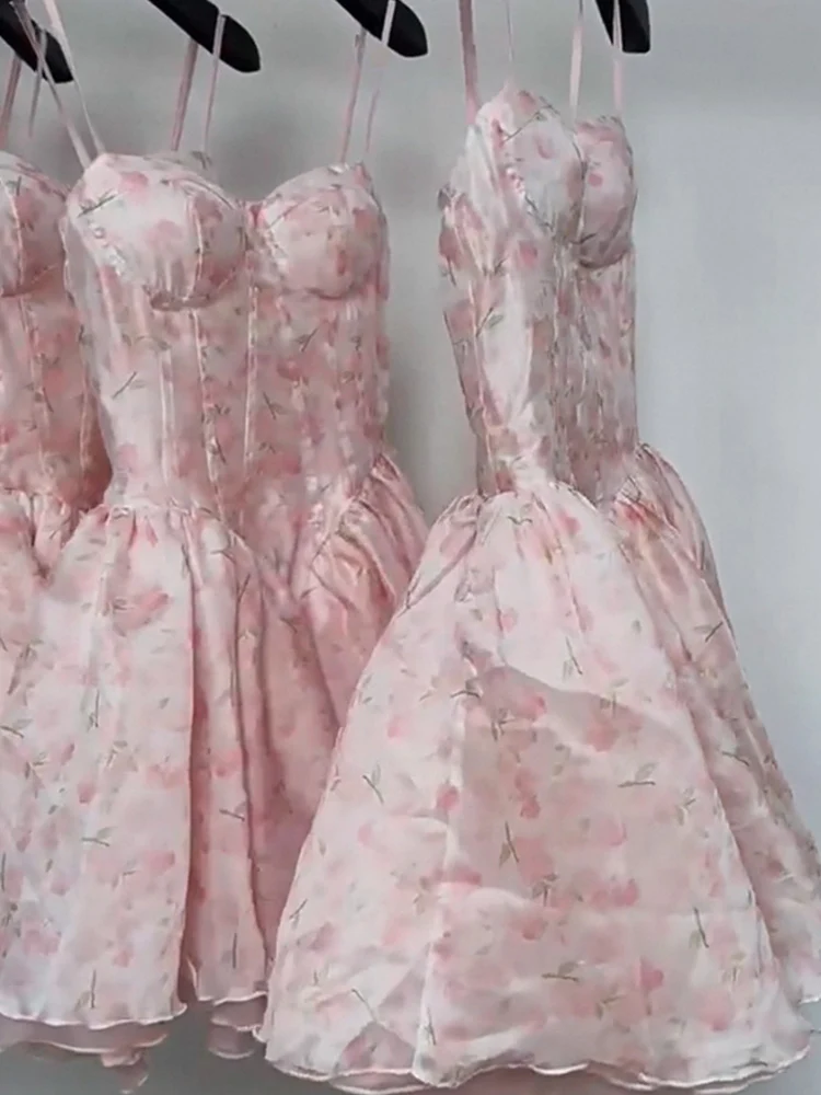 Simple A line Spaghetti Straps Pink Floral Chiffon Homecoming Dress Summer Hoco Dresses Cocktail Dress D1767 - Deanwangkt