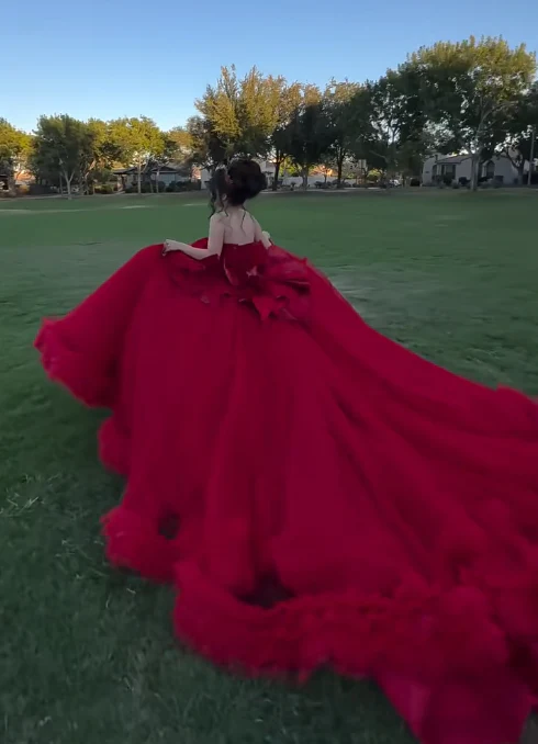 Elegant Ball Gown Sweetheart Neck Burgundy Tulle Beaded Applique Long Quinceanera Dress Formal Gowns Vestido De 15 Anos Sweet 16 Dress DP2841 - Deanwangkt