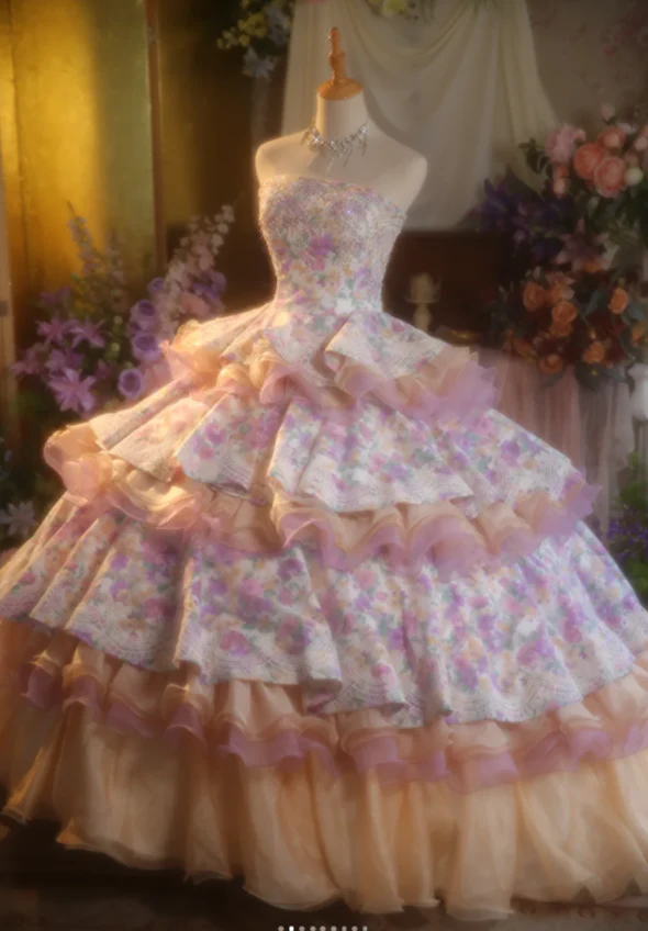 Cute Strapless Ball Gown Floral Long Prom Dresses Pink Quinceanera Dresses Sweet 16 Dress DP3995 - Deanwangkt