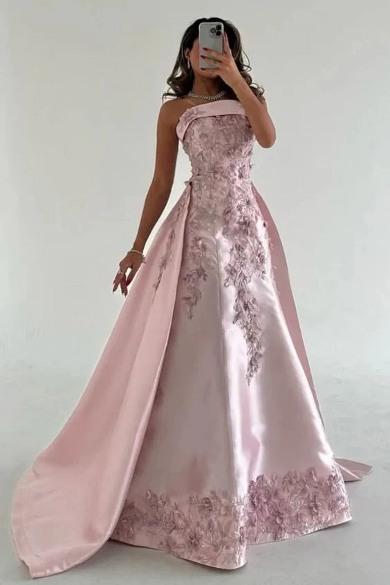 Elegant Pink A-Line Strapless Satin Party Dress with Appliques and Court Train DP243 - Deanwangkt