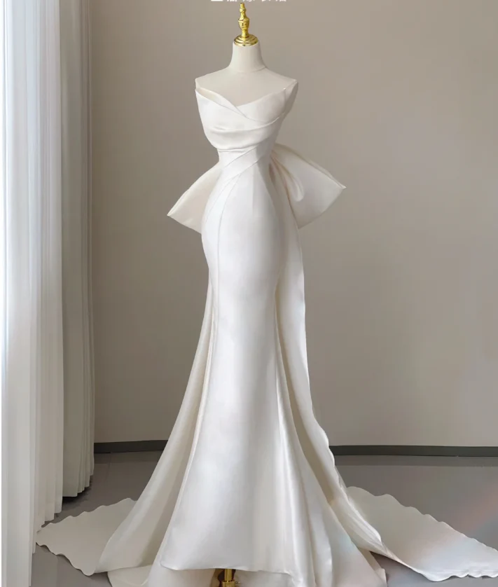 Classy Elegant Mermaid Sweetheart White Satin Wedding Dresses Brides Dress DP447 - Deanwangkt
