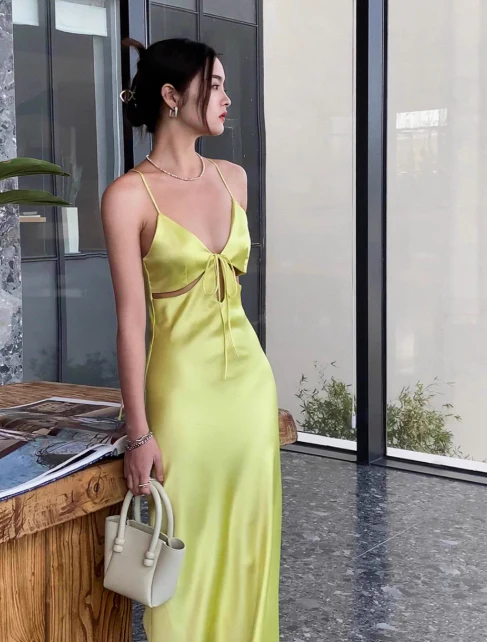 Elegant Yellow Spaghetti Strap Sheath 18th Birthday Outfit Satin Backless Formal Dress Modest Party Dress DH2749 - Deanwangkt