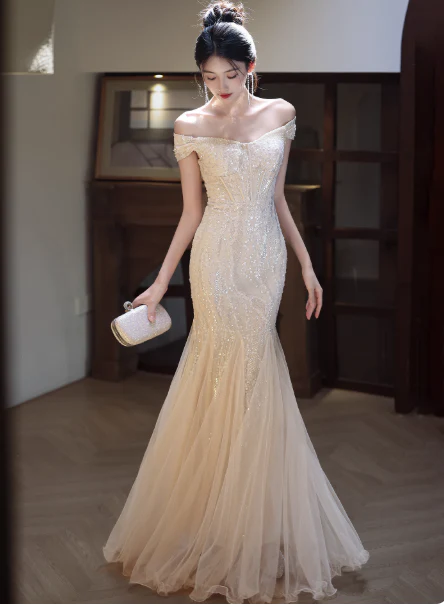 Elegant Off-the-Shoulder Mermaid Long Prom Dresses Tulle Apricot Evening Dresses DP3876 - Deanwangkt