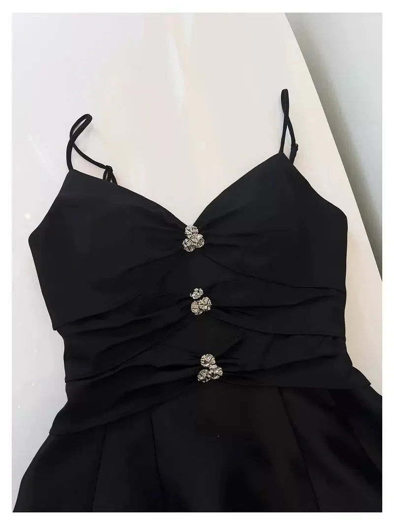 Trendy A Line Spaghetti Straps Black Satin Formal Short 8th Grade Homecoming Dress Summer Middle School Hoco Dresses Birthday Outfits W929 - Deanwangkt