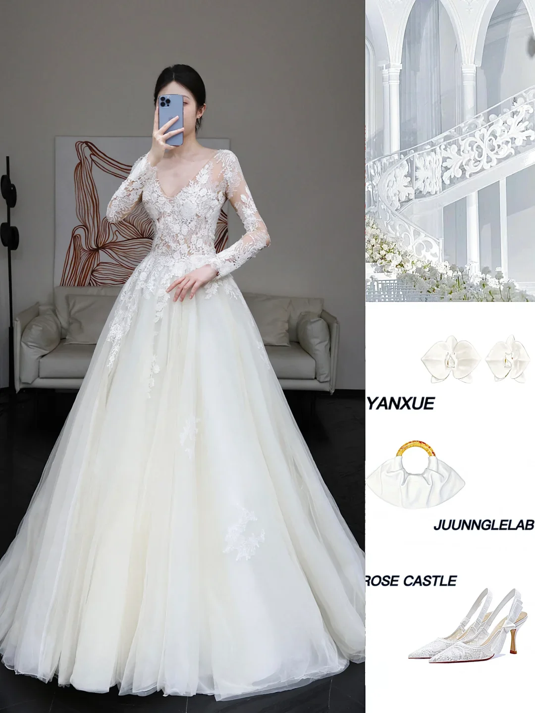 Unique Bridal Gown Ball Gown V Neckline Long Sleeves White Lace Wedding Dresses Bridal Gowns DP645 - Deanwangkt
