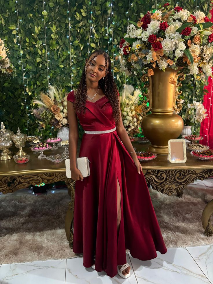 Classy A line Off The Shoulder Satin Burgundy Long Formal Prom Gown Summer Wedding Guest Dress Bridal Guest Dresses Wedding Outfits For Guest DH133 - Deanwangkt