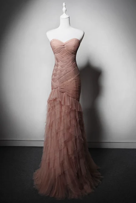 Modest Pink Mermaid Evening Gowns Tulle Tiered Sweetheart Neck Long Prom Dress Graduation Dress DH2742 - Deanwangkt