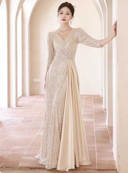 Elegant V-neck Mermaid Champagne Mother of the Bride Dresses Long Sleeve Champagne Evening Dresses DP3888 - Deanwangkt