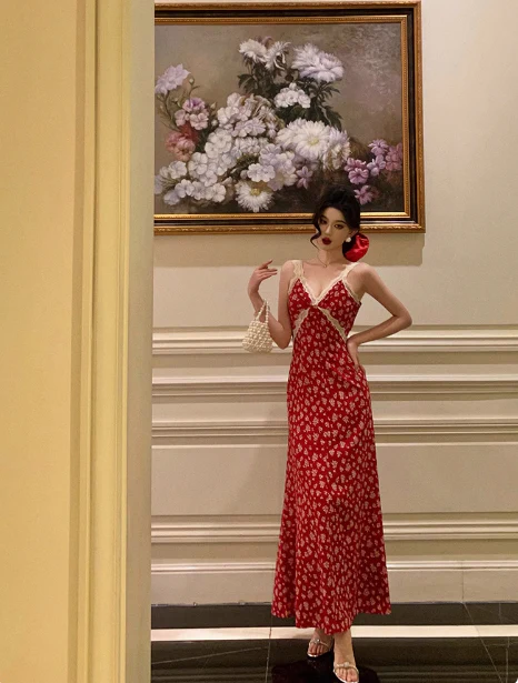 Cute A line V Neckline Red Floral Sleeveless 18th Birthday Dress Party Gown Birthday Outfits For Women DP0207 - Deanwangkt