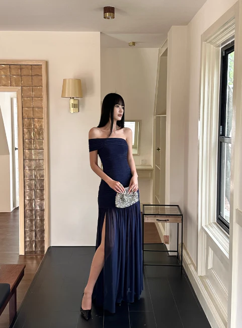 Elegant One Shoulder Sheath Navy Blue Long Prom Dresses Chiffon Navy Blue Evening Dresses DP3875 - Deanwangkt