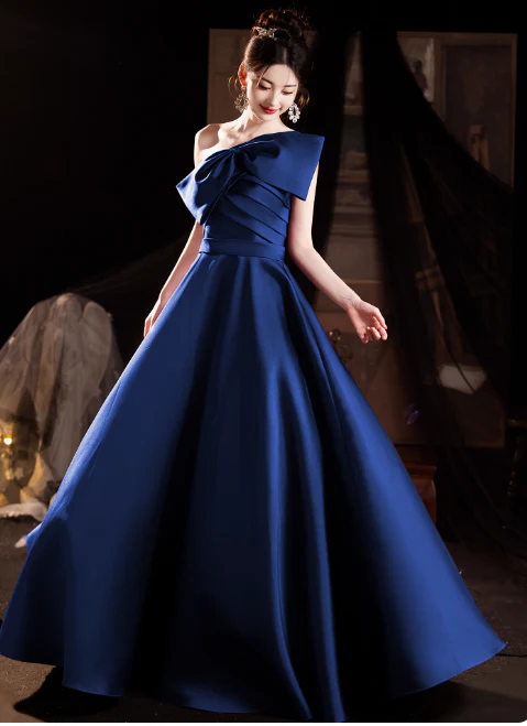 Chic One-shoulder A-Line Blue Bridesmaid Dresses Satin Blue Evening Gowns DP3969 - Deanwangkt