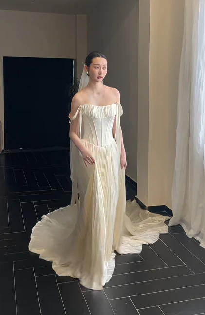 Timeless Off-the-shoulder Sheath Satin Luxury Wedding Dress, Light Champagne Bridal Gowns DP3080 - Deanwangkt